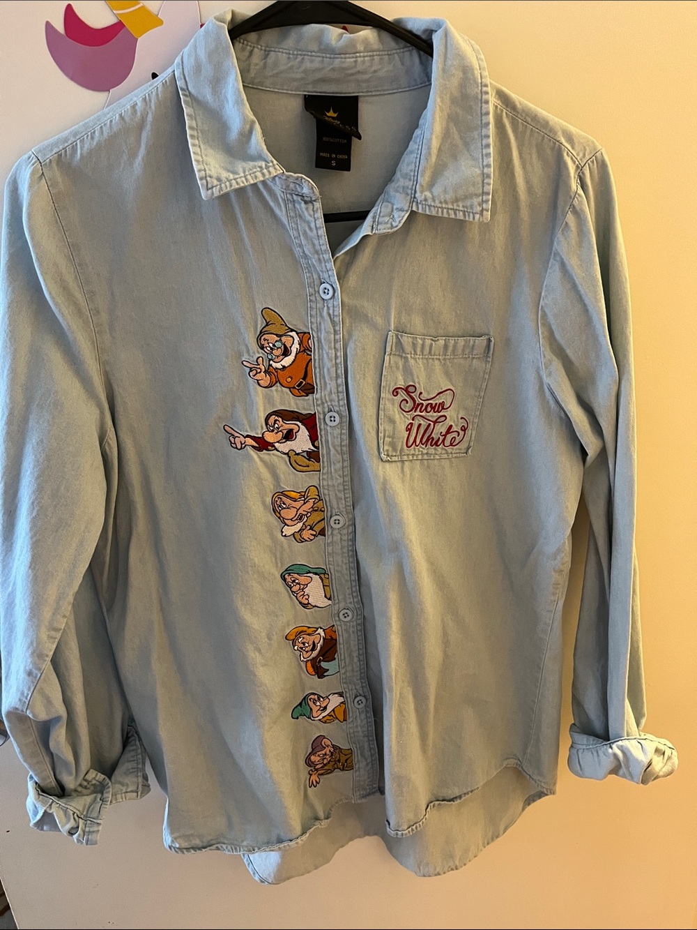 Disney Light Blue Denim Button-Up Shirt with Snow White Dwarfs
